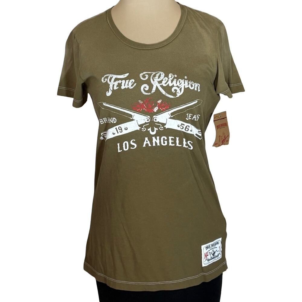 True Religion Olive Graphic Tee Los Angeles Logo Cotton Size 3 L